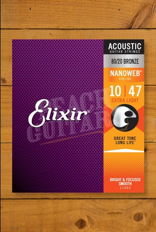 Elixir Nanoweb Coated 80/20 Bronze Acoustic Guitar Strings - 10-47
