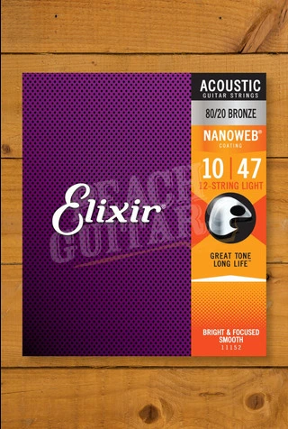 Elixir Nanoweb Coated 80/20 Bronze 12-String Acoustic Guitar Strings - 10-47