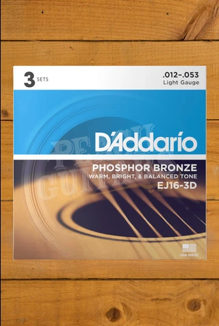 D'Addario EJ16 Phosphor Bronze Acoustic Guitar Strings - 12-53 - 3-Pack