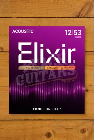 Elixir Nanoweb Coated 80/20 Bronze Acoustic Guitar Strings - 12-53