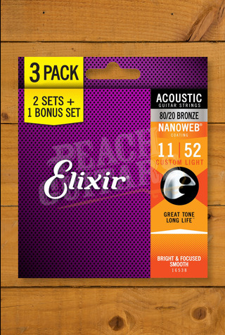 Elixir Acoustic Guitar Strings | 3 For 2 - 80/20 Bronze - Nanoweb Coating - 11-52 - Custom Light