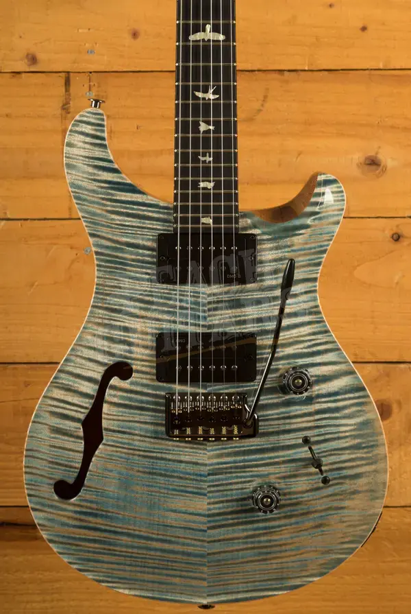PRS Wood Library Custom 24 Semi-Hollow Faded Indigo Flame Artist Top w/Awabi Birds