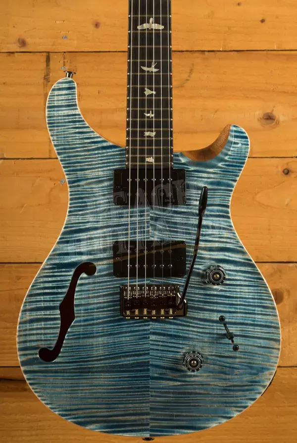 PRS Wood Library Custom 24 Semi-Hollow Faded Indigo Flame Artist Top w/Awabi Birds