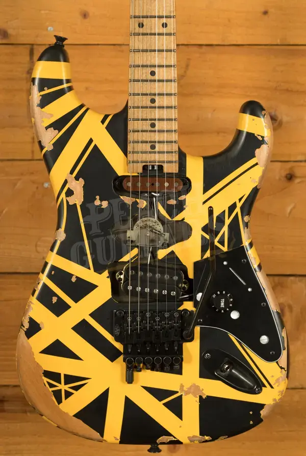 EVH Limited Edition Striped Series Frankenstein Frankie - Maple - Black w/Yellow Stripes - Aged