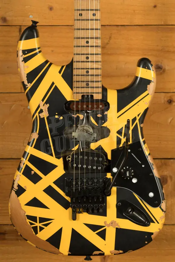 EVH Limited Edition Striped Series Frankenstein Frankie - Maple - Black w/Yellow Stripes - Aged