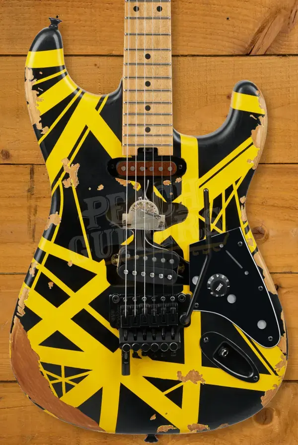 EVH Limited Edition Striped Series Frankenstein Frankie - Maple - Black w/Yellow Stripes - Aged