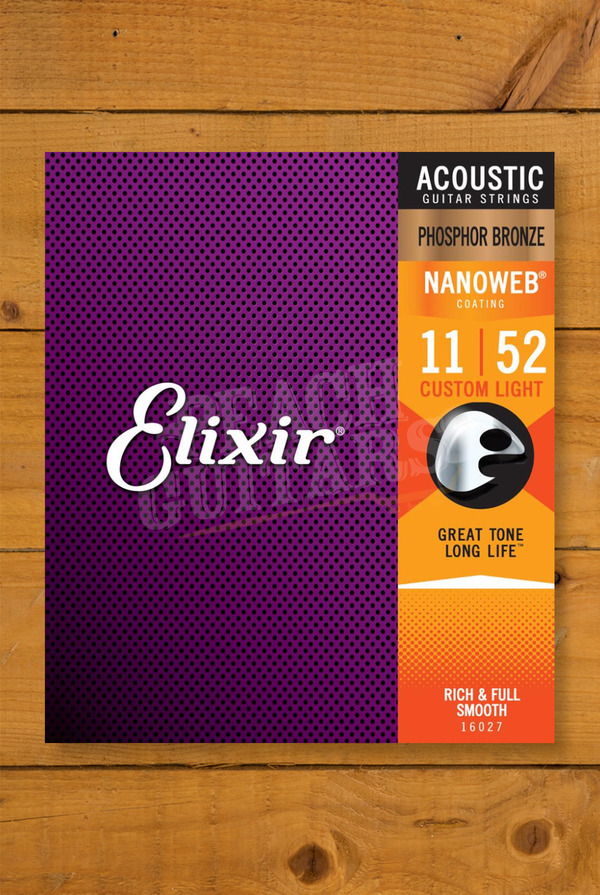 Elixir Acoustic Guitar Strings | Phosphor Bronze - Nanoweb Coating - 11-52 - Custom Light